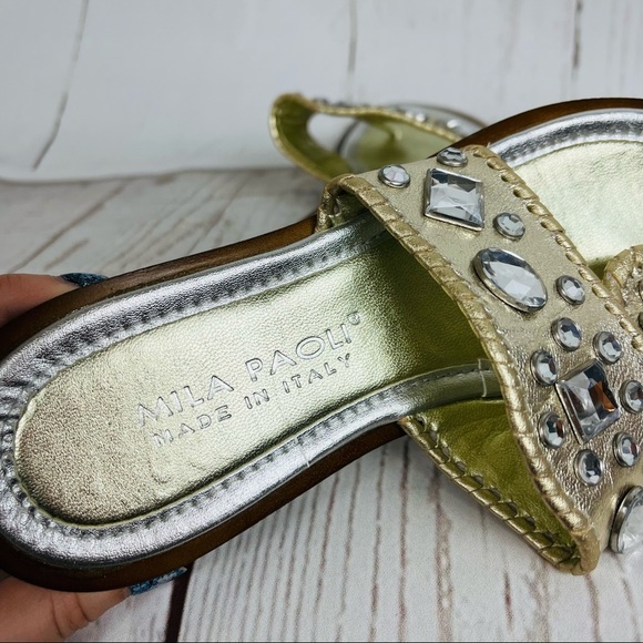 Mila Paoli Italian leather jeweled sandals metallic gold and silver 6.5 - Picture 5 of 7